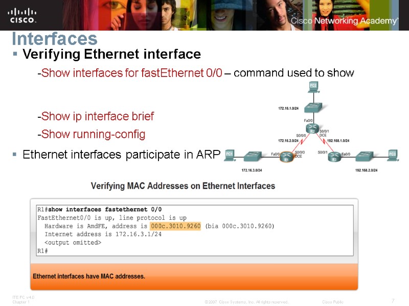 Interfaces Verifying Ethernet interface -Show interfaces for fastEthernet 0/0 – command used to show
